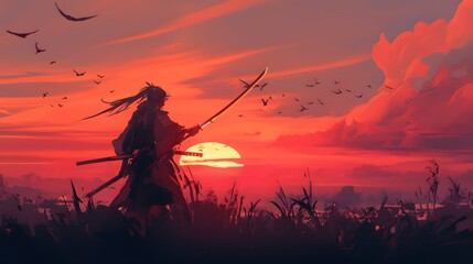 Epic anime scene of a samurai warrior with a katana, standing against a setting sun, evoking honor and mystery
