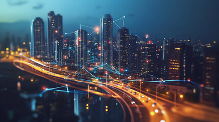 Obraz premium Smart digital Innovation city with connection network reciprocity over the cityscape. of future smart wireless digital city and social media networking systems that connects people with in city