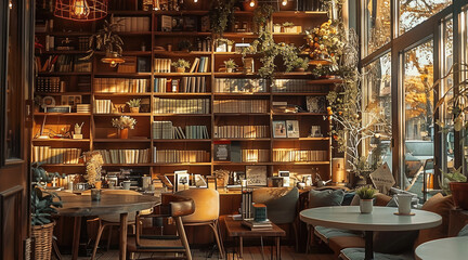 Naklejka premium Cozy warm coffee shop with books.