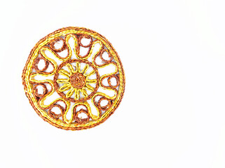 Vintage retro hot pad trivet woven wicker straw rattan raffia boho from 1960s or 1970s used to set hot pots on to protect kitchen table or countertop.  Isolated on white background with copy space.