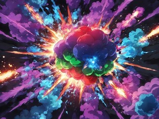 Obraz premium Magical explosion with colorful smoke in purple, green, blue, and red on a black background