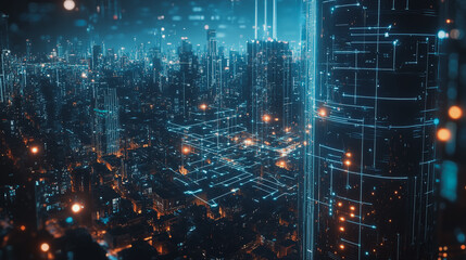 Fototapeta premium Smart digital Innovation city with connection network reciprocity over the cityscape. of future smart wireless digital city and social media networking systems that connects people with in city