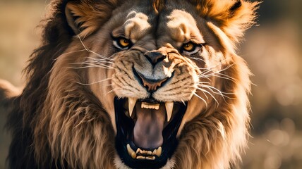 Close-Up of a Snarling Lion with Sharp Teeth and Intense Golden Eyes