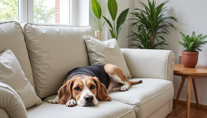 Beagle lying comfortably on a sofa surrounded by plants in a bright living room