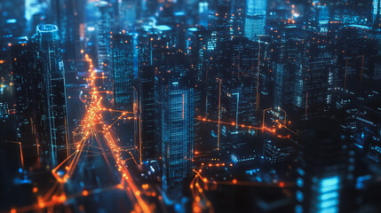 Naklejka premium Smart digital Innovation city with connection network reciprocity over the cityscape. of future smart wireless digital city and social media networking systems that connects people with in city