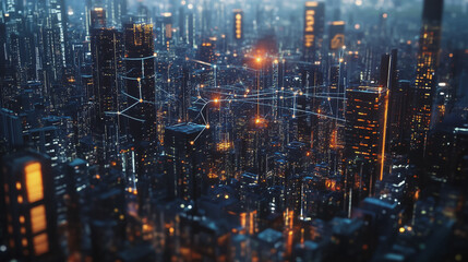 Naklejka premium Smart digital Innovation city with connection network reciprocity over the cityscape. of future smart wireless digital city and social media networking systems that connects people with in city