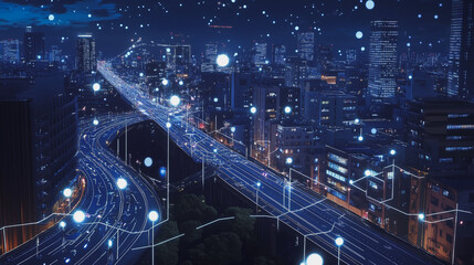 Fototapeta premium Smart digital Innovation city with connection network reciprocity over the cityscape. of future smart wireless digital city and social media networking systems that connects people with in city