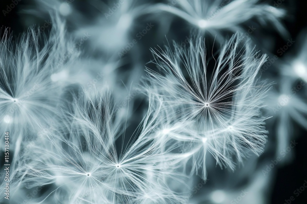 Poster an artistic photograph focuses on translucent dandelion seed details, symbolizing fragility and the 