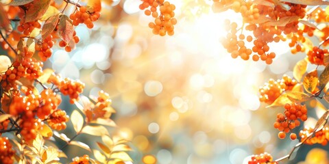 copy space background autumn nature frame border warm tone sunlight bokeh berries fruit branch stem leaves