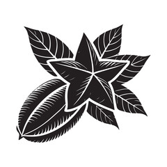 Starfruit Silhouette Vector Illustration, Solid White Background.
