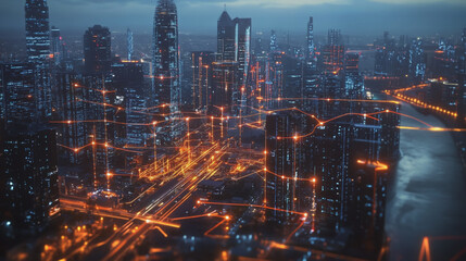 Fototapeta premium Smart digital Innovation city with connection network reciprocity over the cityscape. of future smart wireless digital city and social media networking systems that connects people with in city