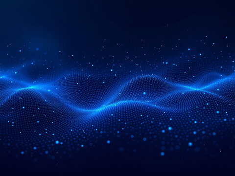 Blue digital abstract with glowing waves and particles.