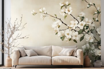 A comfortable and inviting sofa sits in a bright room adorned with a peaceful floral mural, capturing a tranquil ambiance full of warmth and serenity.