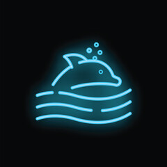 Neon sign of a happy dolphin jumping out of stylized water waves