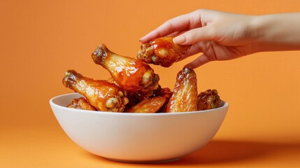 Hand picking a glazed chicken wing from a bowl.