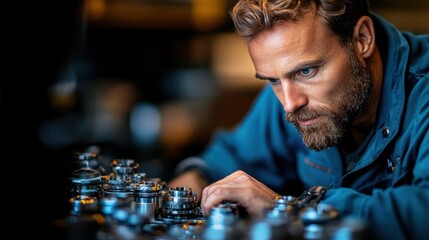 Focused male engineer inspecting complex machinery parts in a workshop.