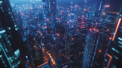 Fototapeta premium Smart digital Innovation city with connection network reciprocity over the cityscape. of future smart wireless digital city and social media networking systems that connects people with in city