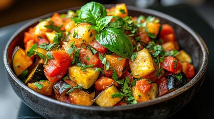 Healthy Food Around the World, A vibrant bowl of ratatouille filled with colorful vegetables like zucchini, tomatoes, and herbs, garnished with fresh basil for a delightful presentation.