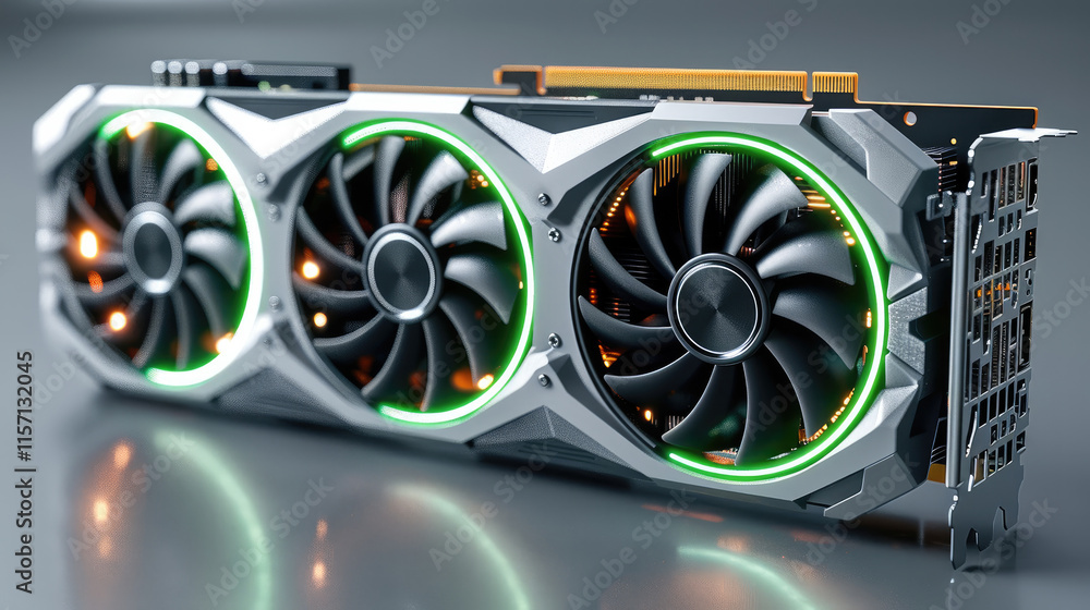 Poster design of graphics card with 3 fans, product design, 3d rendering, front view, gray background.