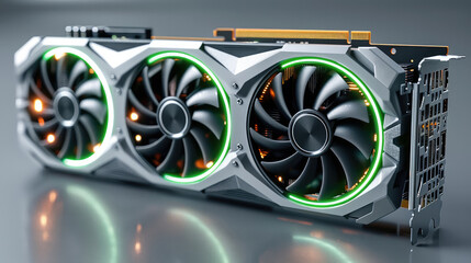 Design of graphics card with 3 fans, product design, 3D rendering, front view, gray background.
