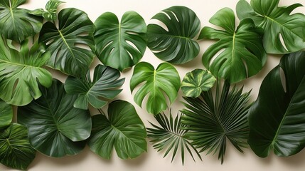Lush tropical leaves arranged on beige background.