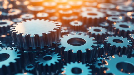 Large interconnected network of gears symbolizing corporate competition, with one oversized gear dominating the scene, representing antitrust concerns. Central gear with copy space for text.