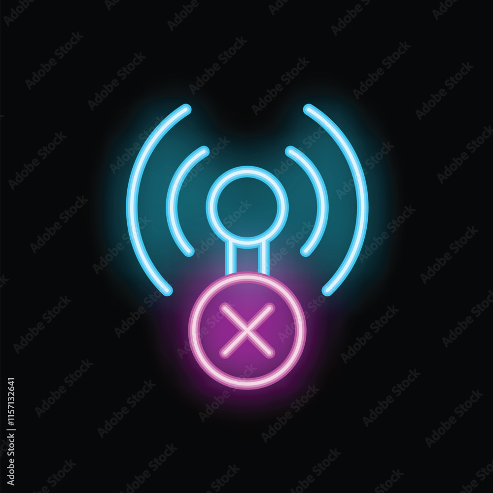 Poster neon wifi signal showing disconnection with a bright cross inside a circle