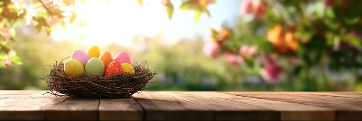 A colorful nest filled with Easter eggs is set against a bright spring backdrop, symbolizing the joy and celebration of Easter that fosters happiness and togetherness among families and friends