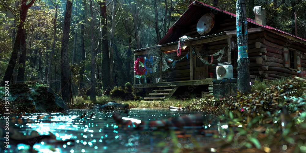Poster rustic log cabin in forest setting with water feature