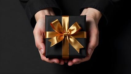 Top view of hands holding gift in black box with gold ribbon, on black background. The concept of giving gifts.