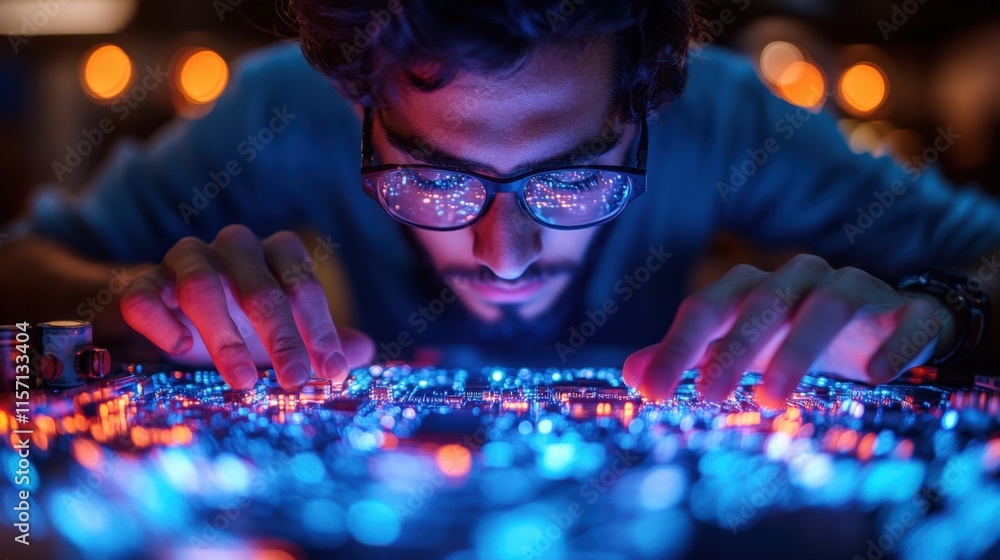 Poster focused man intently working on illuminated circuit board.