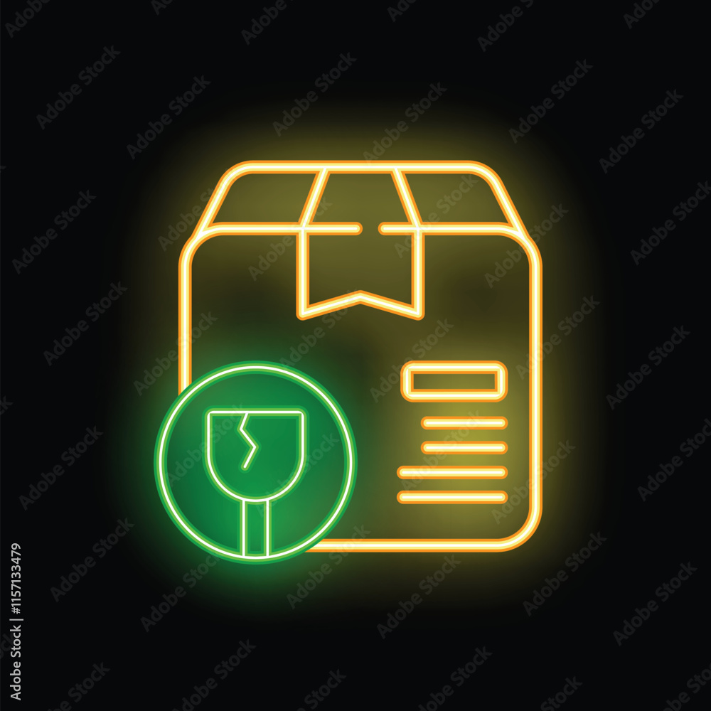 Poster glowing neon icon of fragile shipping label on cardboard box with broken wineglass symbol on black b