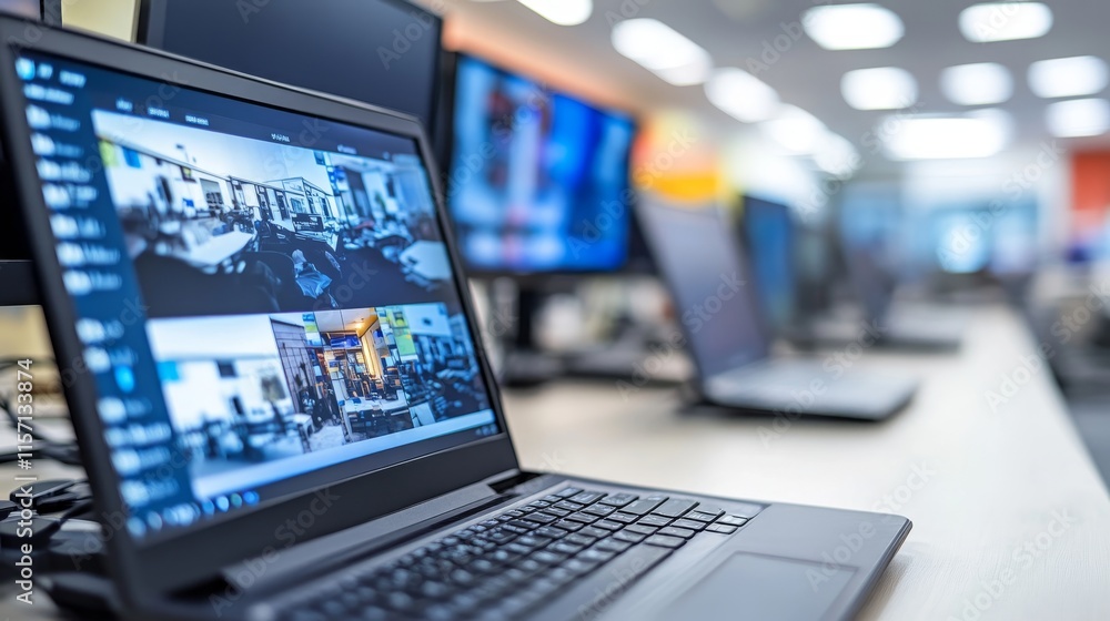 Poster security command center with multiple laptop screens displaying surveillance footage in real time