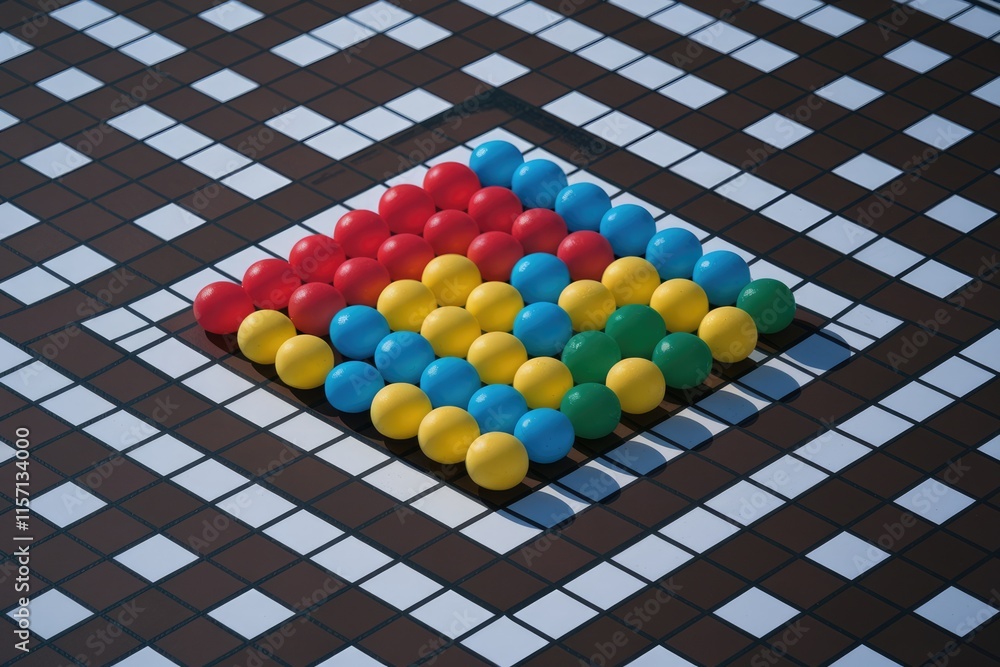 Poster colorful balls arranged in a pyramid shape on a checkered surface.