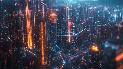 Fototapeta premium Smart digital Innovation city with connection network reciprocity over the cityscape. of future smart wireless digital city and social media networking systems that connects people with in city