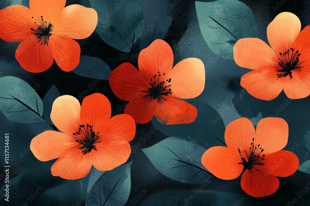 Poster orange flowers contrasted against a dark leafy background, using abstract and modern artistic styles