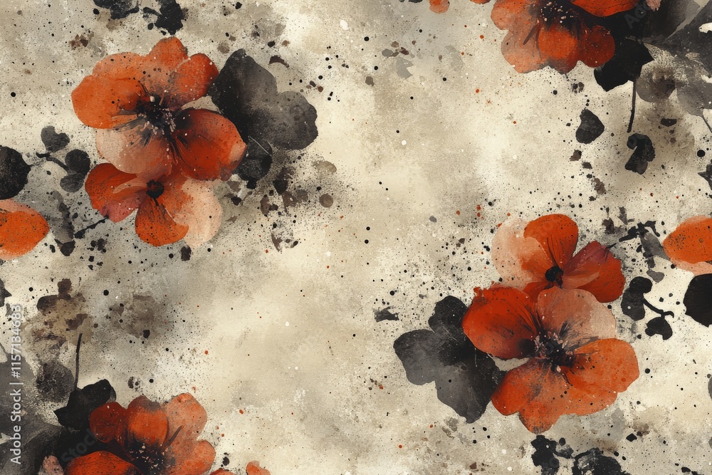 Aufkleber Bright red blossoms artistically arranged with ink splatters create a dynamic and textured composition, representing the essence of human emotion and creativity.