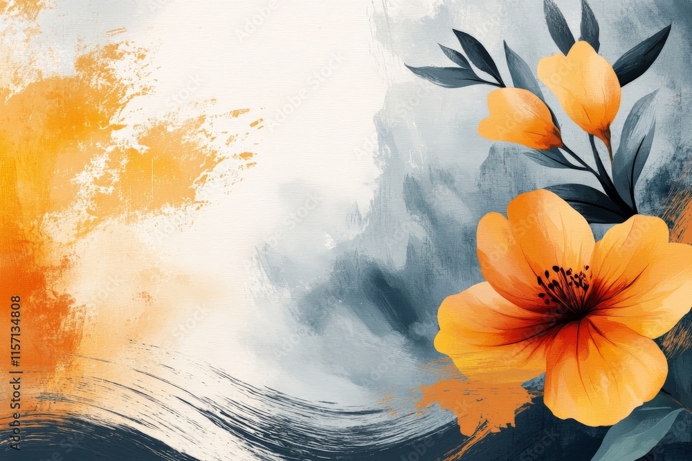 Aufkleber this image features a vivid orange flower set against soft brushstroke backgrounds, combining elemen