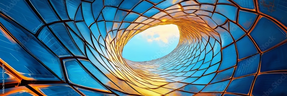 Poster modern architectural design abstract geometric patterns with curved lines and a serene sky view