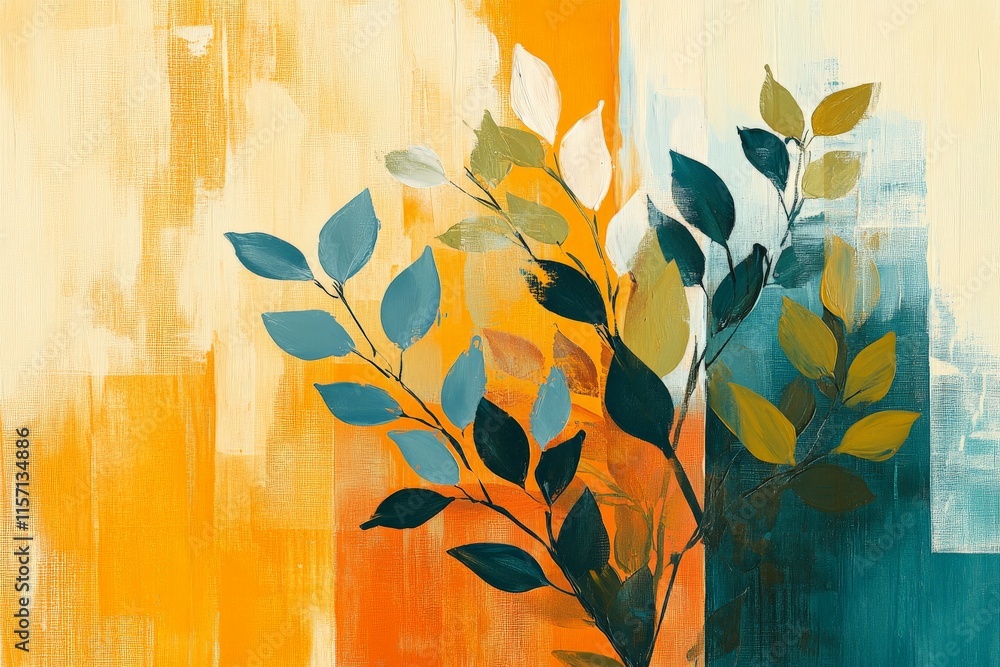 Aufkleber Abstract depiction of leaves set against bold color blocks on canvas, creating an aesthetic contrast that conveys a sense of modernity and artistic creativity.