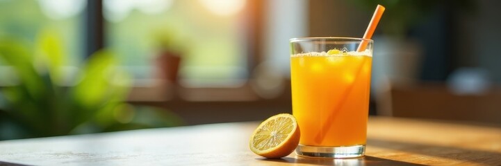 Fototapeta premium Glass of orange juice with straw, beside a cup on a table , interior, summer