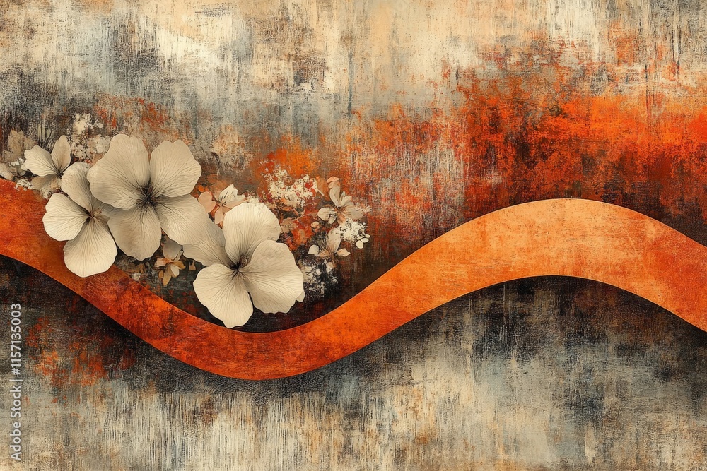 Poster stylized image showcasing ivory flowers arranged on a textured orange background with a smooth wave 