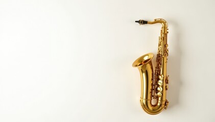 Gleaming gold saxophone, pristine white backdrop, vibrant, instrument, isolated
