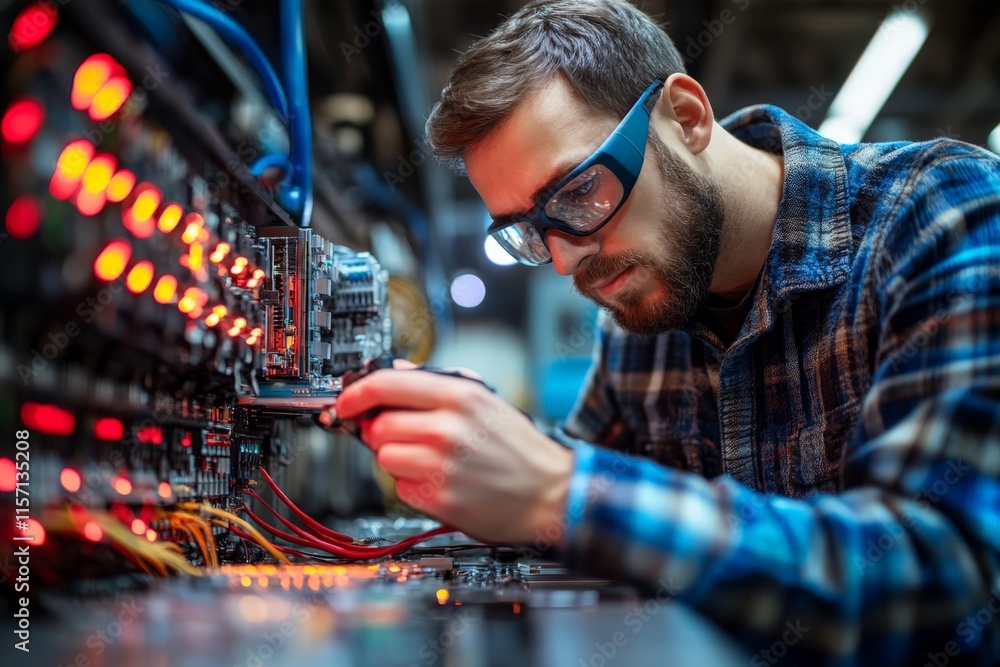 Leinwandbilder a focused engineer is working on a circuit board, adjusting components. the setting shows a high-tec