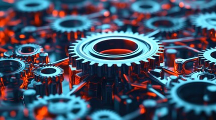 Fototapeta premium Large interconnected network of gears symbolizing corporate competition, with one oversized gear dominating the scene, representing antitrust concerns. Central gear with copy space for text.