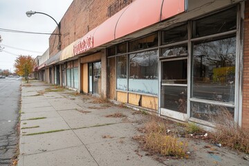 A row of abandoned storefronts showing signs of decay and neglect. Weeds grow through the cracks, illustrating the passage of time and urban decay.