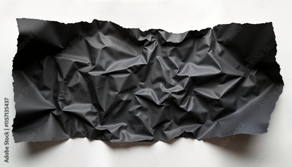 Poster crumpled black paper sheet on plain white background. abstract texture. wrinkled material. empty pag