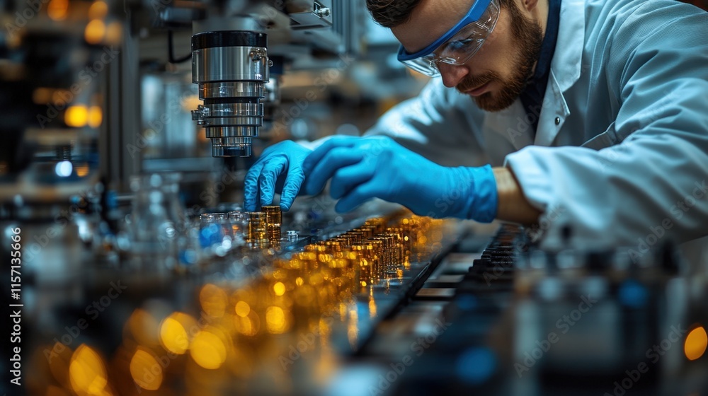 Poster focused technician inspecting product on automated assembly line.