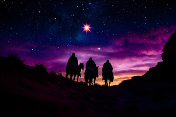 Fototapeta premium The Three Wise Men carry gifts through the desert guided the desert by the light of the star of Bethlehem. Epiphany. Feliz Dia de Reyes. The Journey of the Epiphany.
