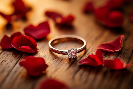 A stunning solitaire engagement ring sits amidst scattered red rose petals on a wooden surface, creating a romantic and memorable scene of love and promise.